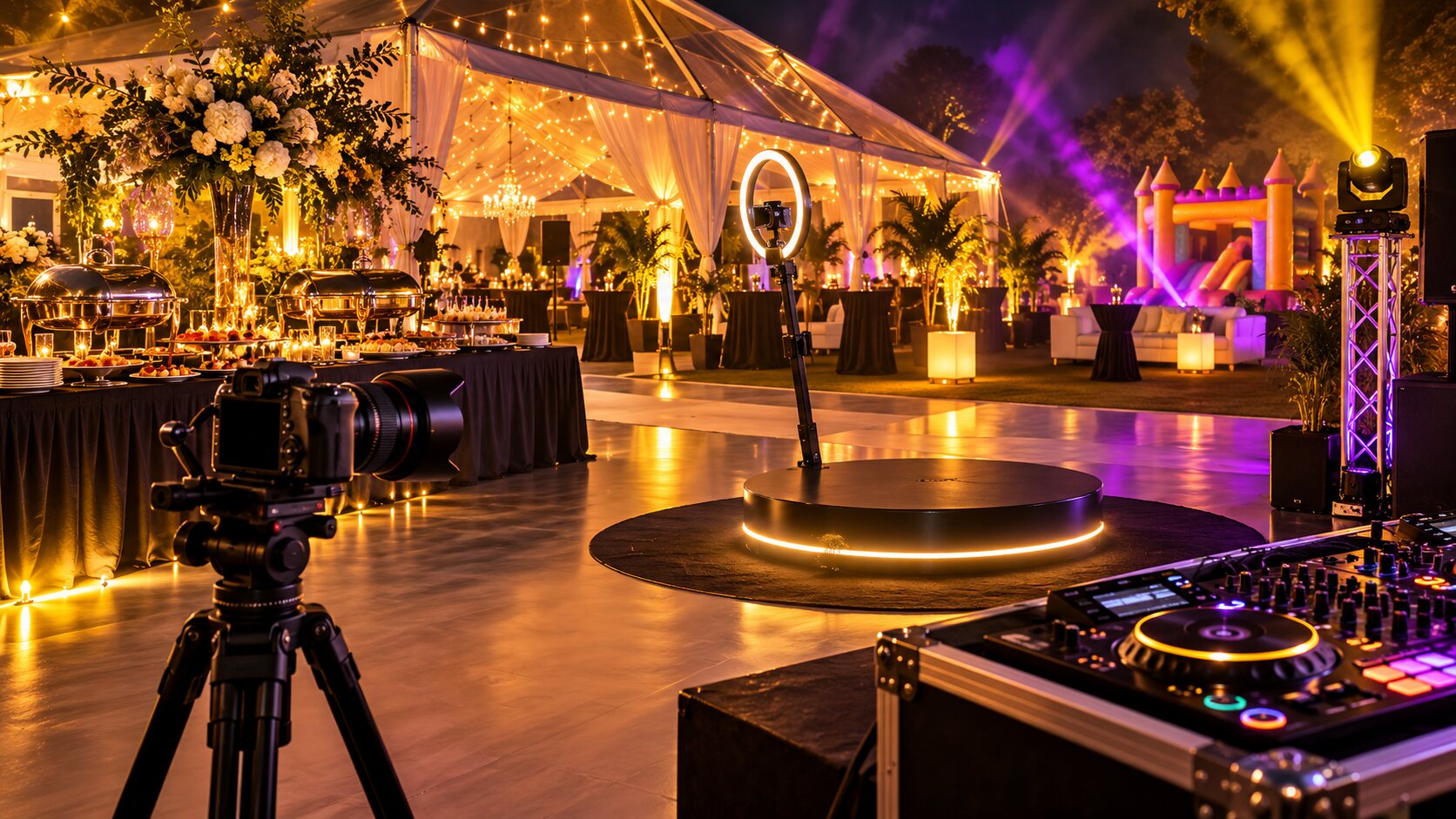 Eventpartner-Angebot mit Fotografie, 360-Grad-Fotobooth, Catering, Zelt und DJ-Technik