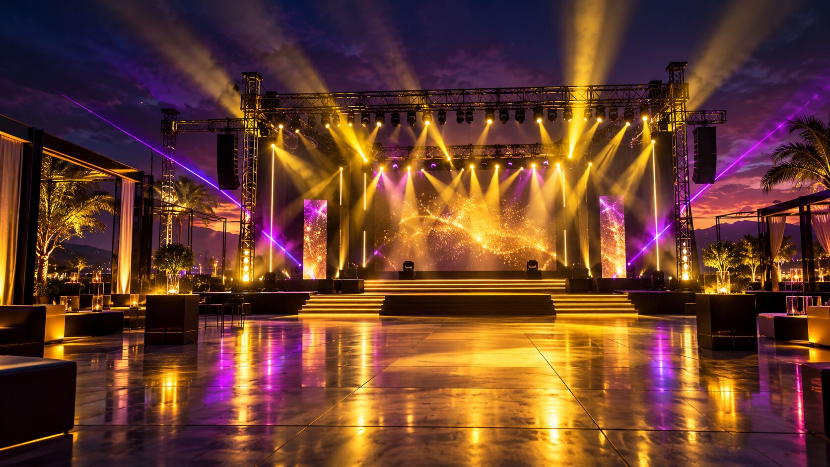 Leere Open-Air-Bühne mit goldener und violetter Eventbeleuchtung