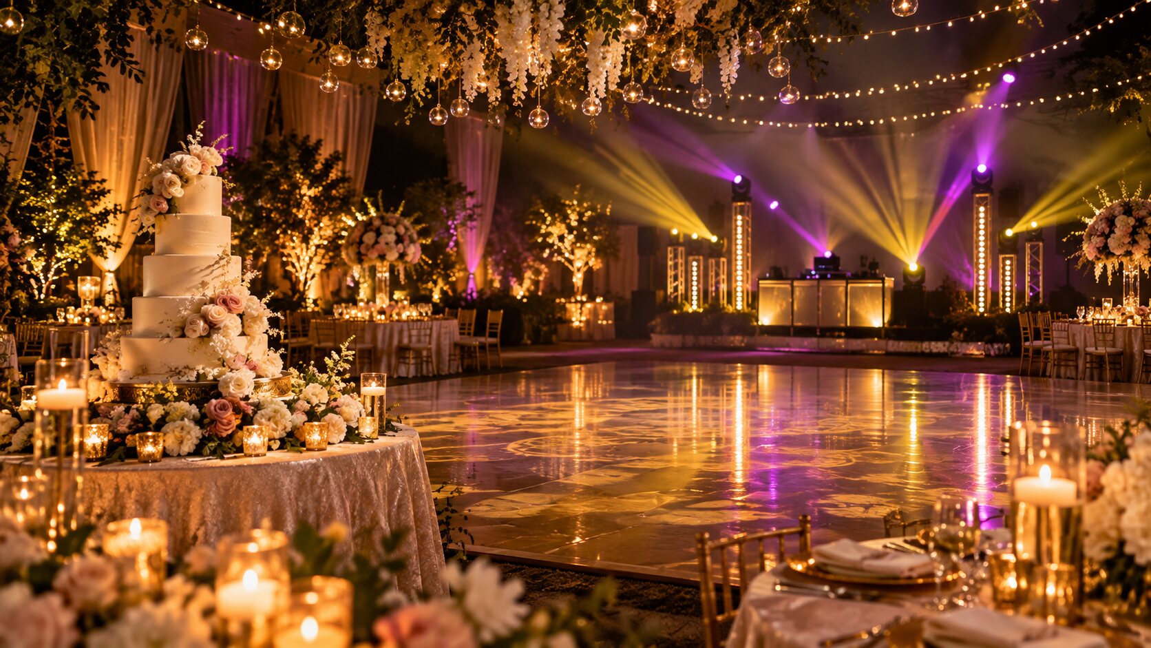 Festlich beleuchteter Hochzeitssaal mit Hochzeitstorte und leerer Tanzfläche