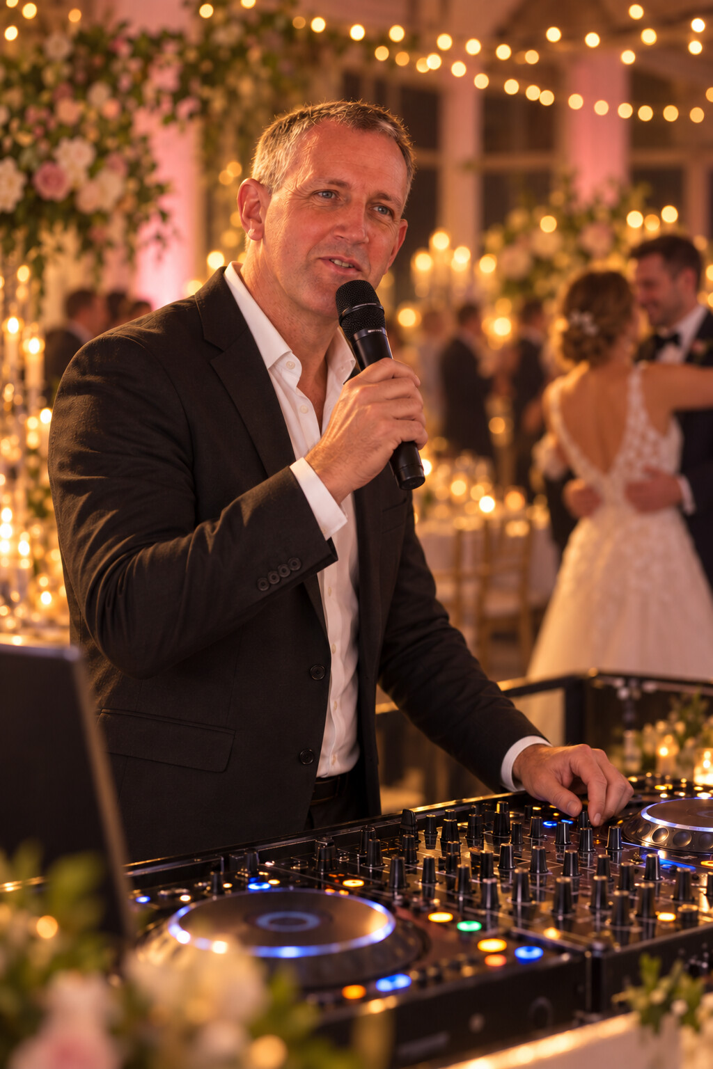 René Ahrens moderiert am DJ-Pult auf einer Hochzeit